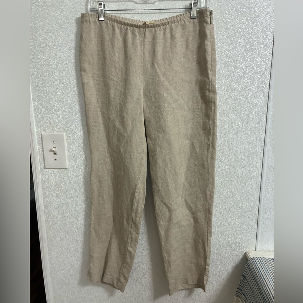 Eileen Fisher Tan Linen Pants PS elastic waist with side zipper